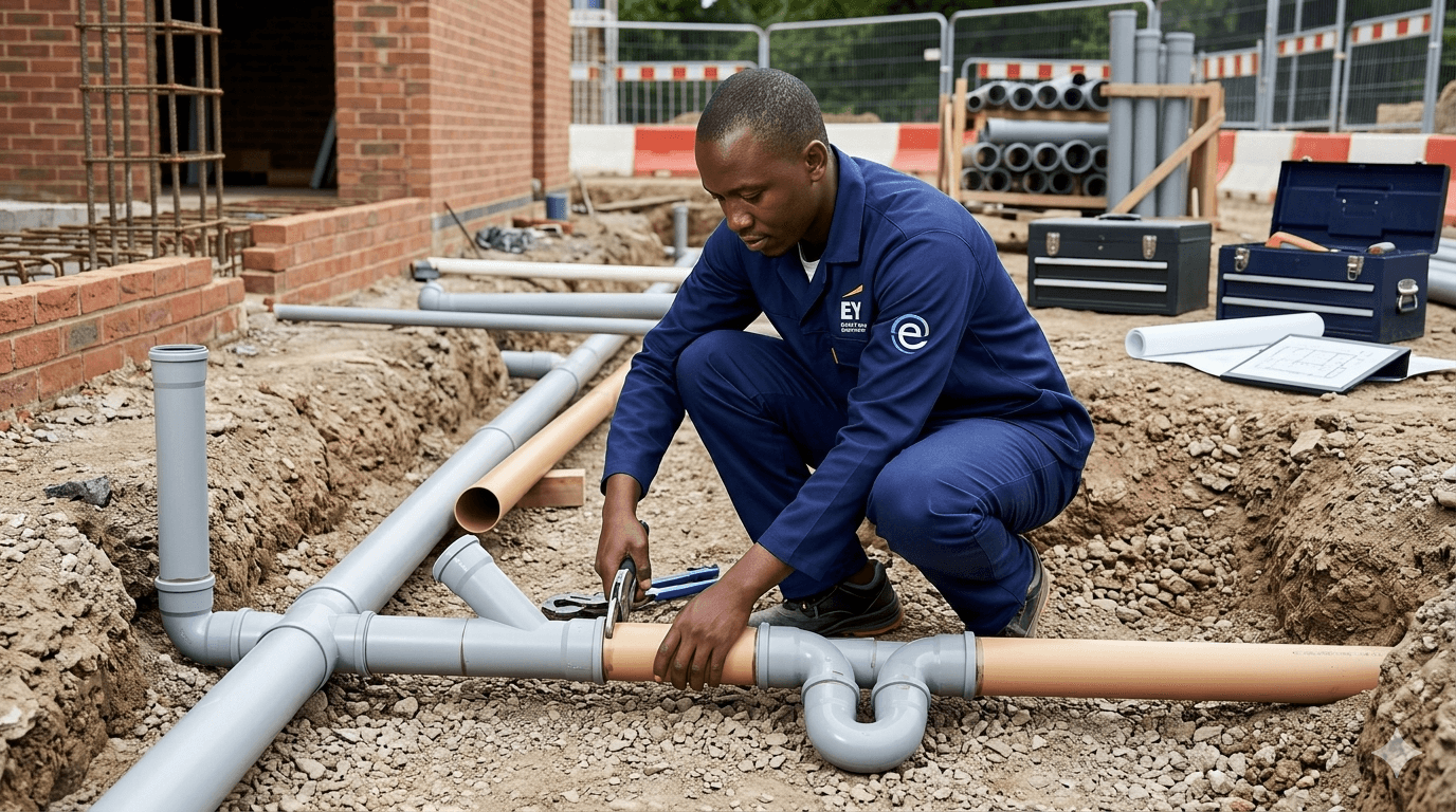 Plumbing technician installing outdoor drainage pipework