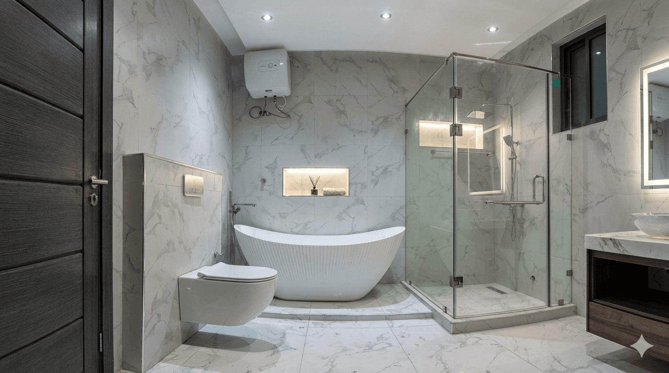 A completed bathroom plumbing installation