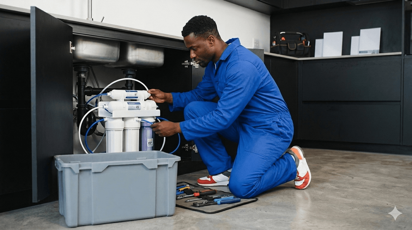EY Plumbing Solution technician installing a water filtration system under a sink